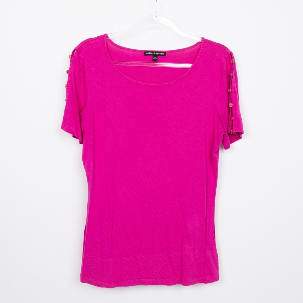 Cable & Gauge Button Sleeve Top Crew Neck Knit Tee Shirt Fuchsia M - Picture 2 of 12